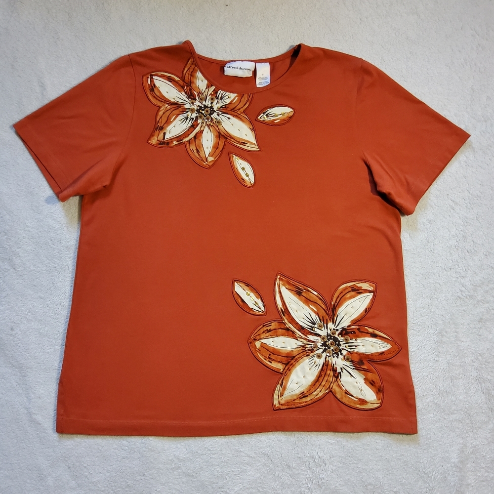 Alfred Dunner Orange Floral Top Short Sleeve Beaded Flowers Women's Small Summer